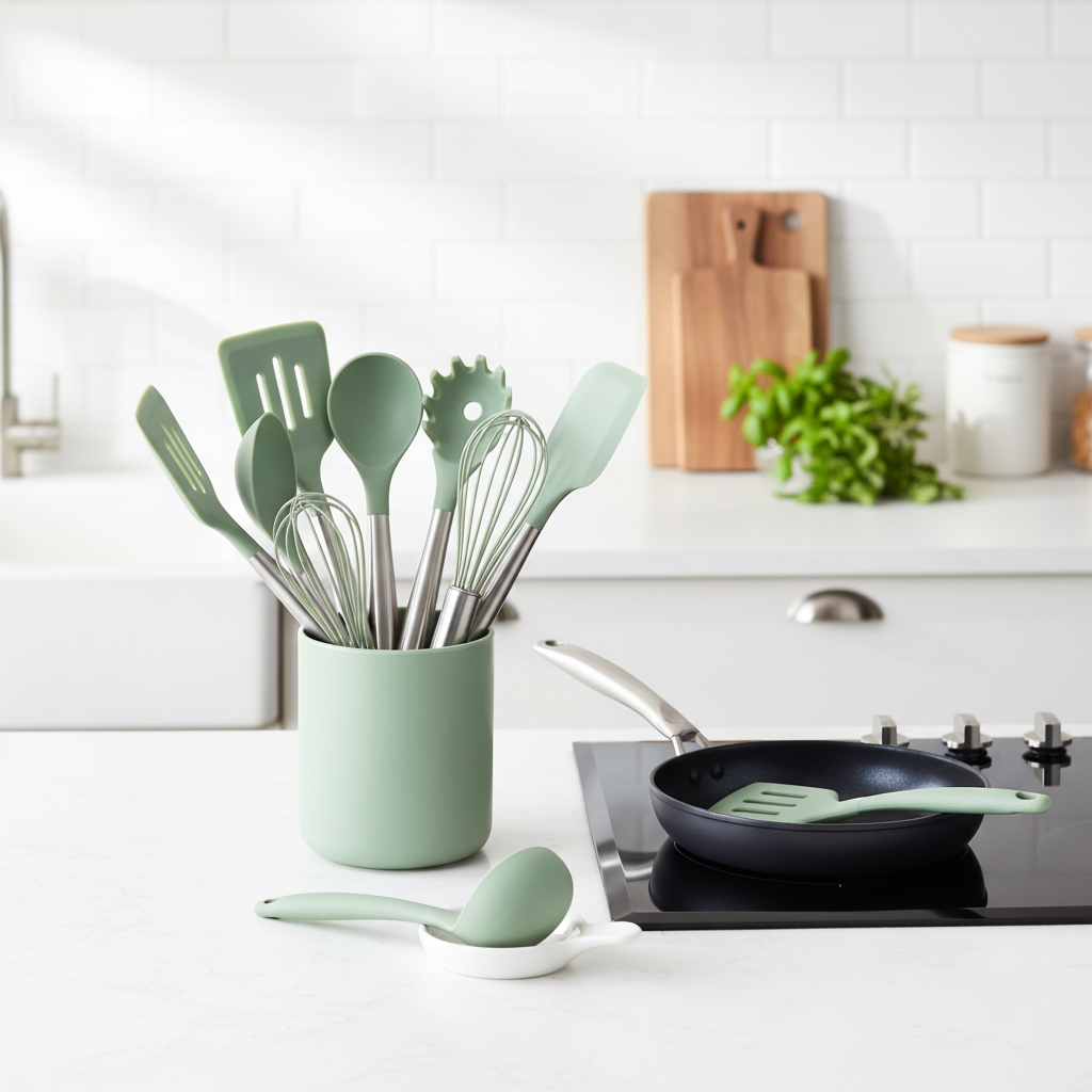 Sage green silicone utensil set in countertop holder beside cooktop with non-stick frying pan and ladle in modern kitchen