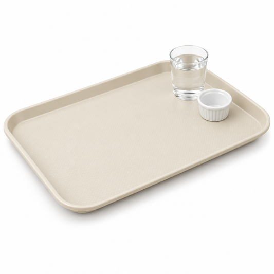 Rectangular lightweight food-grade plastic food serving tray with raised containment edges and textured skid-resistant surface on a seamless pure white background