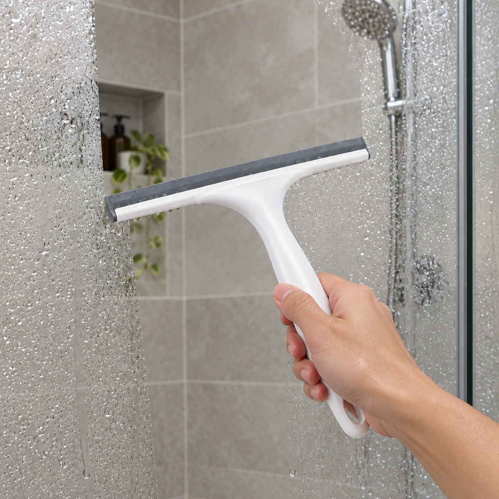Glass cleaning squeegee held by hand wiping water droplets on shower glass in an Indonesian bathroom