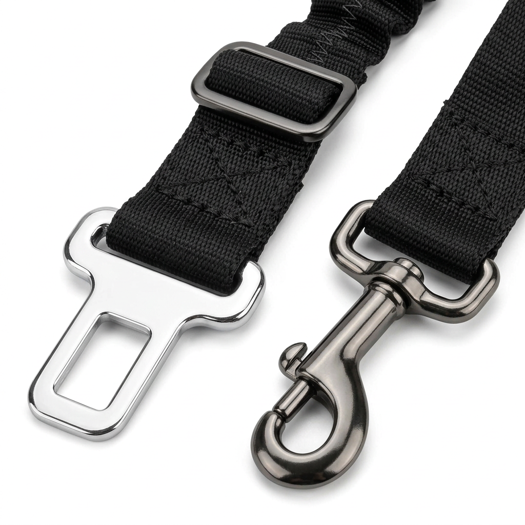 Macro close-up detail of chrome vehicle seatbelt buckle tab, swivel snap clip, and box-X bar-tack stitching