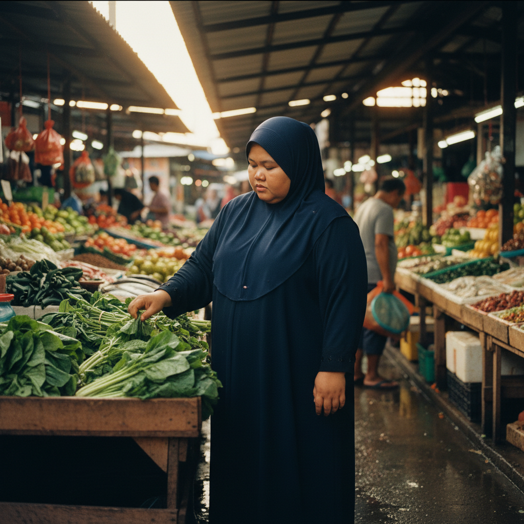 Malaysian Muslim woman navy abaya at market