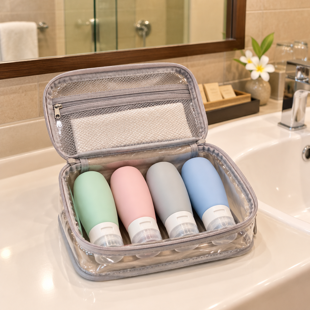 Travel silicone bottles arranged inside a toiletry bag in a Thai hotel bathroom counter setting