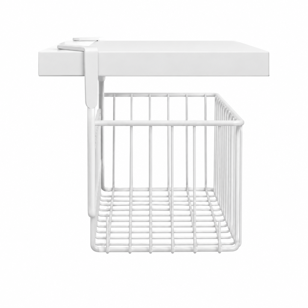 Side view of the under-shelf basket showing hook arms sliding onto the shelf board