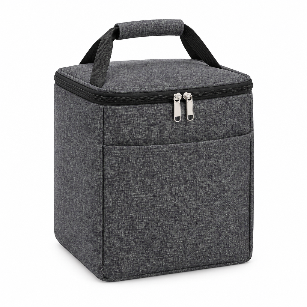 Dark gray heather insulated lunch bag cooler tote with padded handle and zipper closure on white background