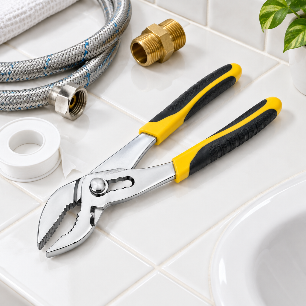Slip joint pliers resting on a bathroom vanity shelf beside braided plumbing hose, brass pipe fitting, and thread seal tape