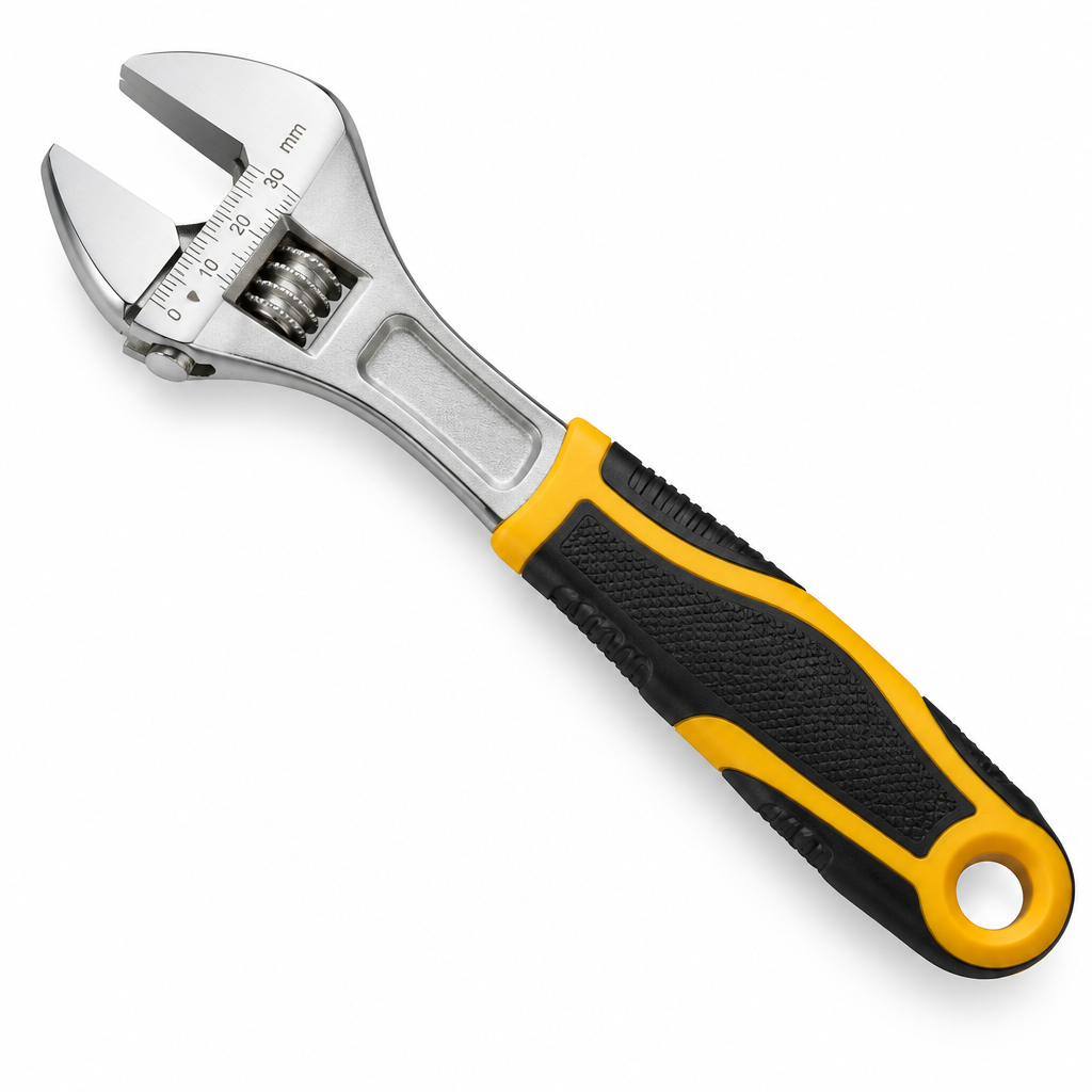Heavy-duty drop-forged steel adjustable wrench with satin chrome finish, metric jaw scale, and ergonomic non-slip grip on a seamless pure white background