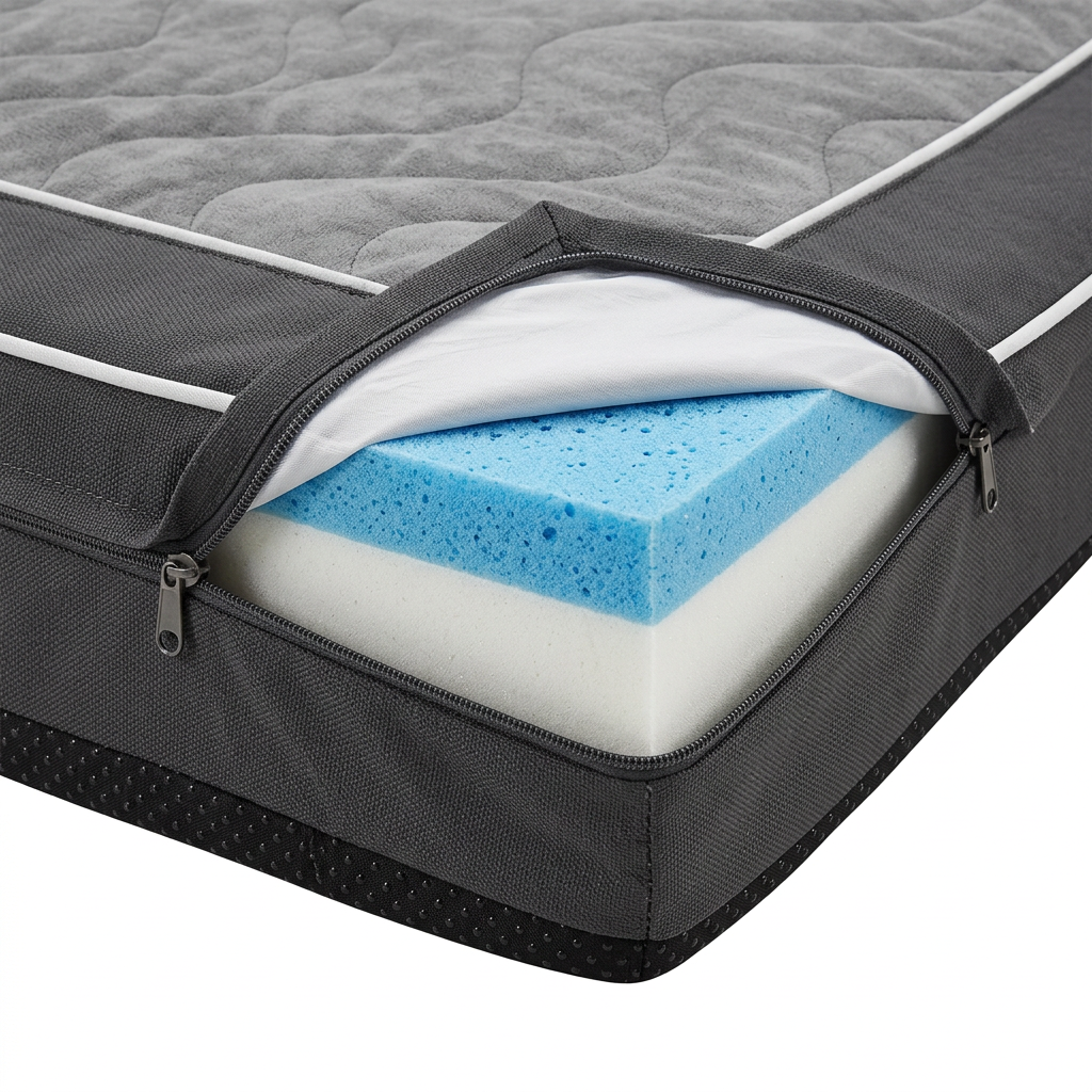 Close-up detail of unzipped cover revealing layered memory foam core, zipper, and non-slip bottom