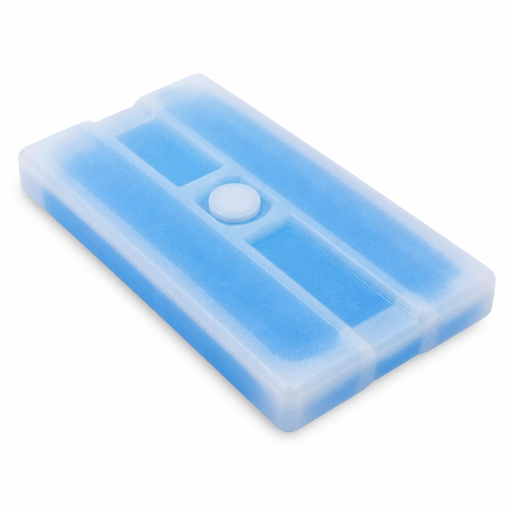Slim reusable ice pack with rigid HDPE shell and blue cooling gel on white background