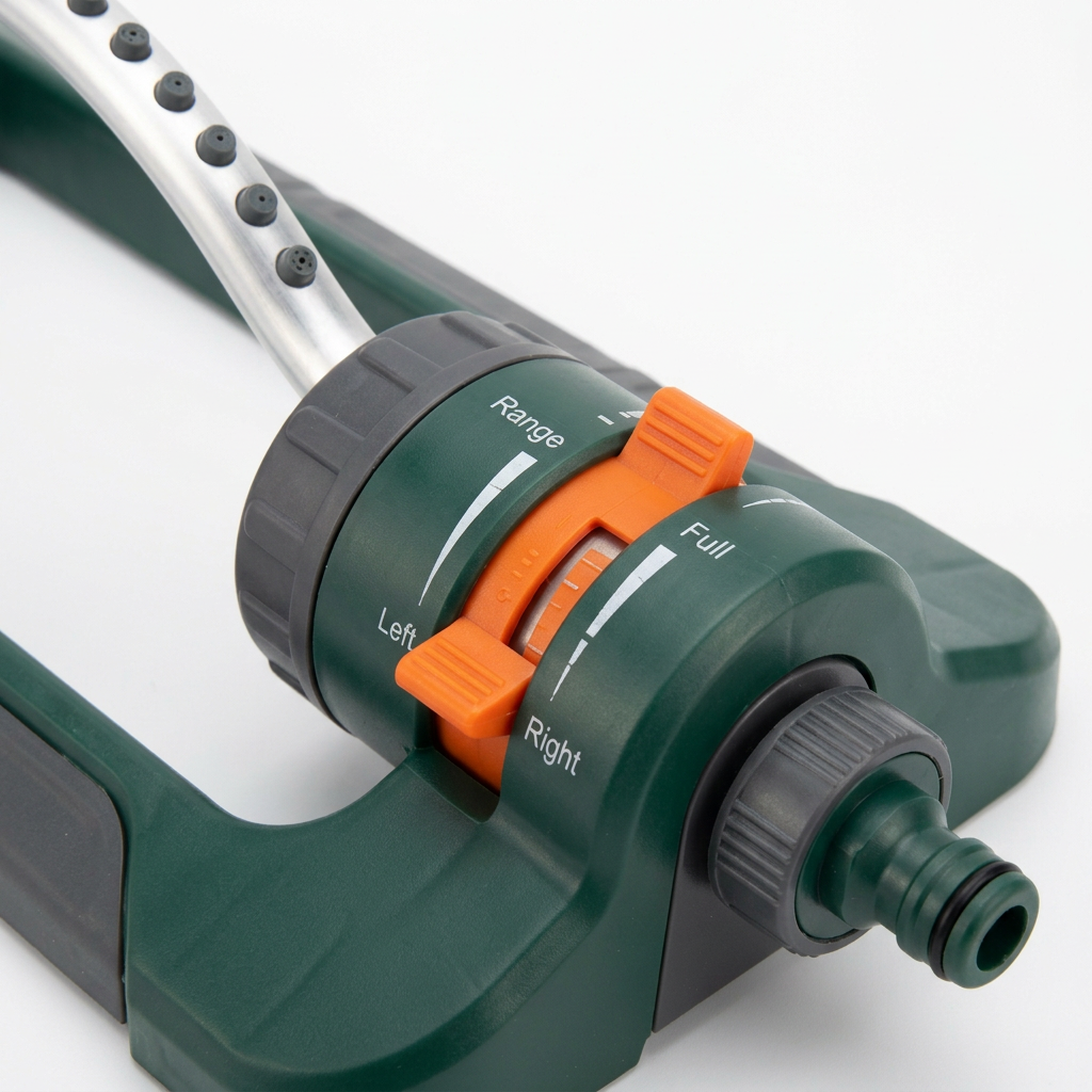 Macro close-up detail of oscillating lawn sprinkler gear drive housing, orange range adjustment sliders, and rubber spray nozzles on pure white background