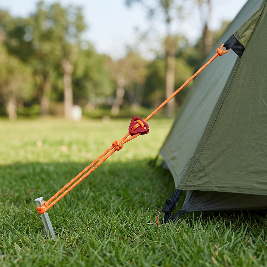 Reflective orange tent guy line installed taut at a 45-degree angle from tent corner to ground peg on a green campsite under daylight
