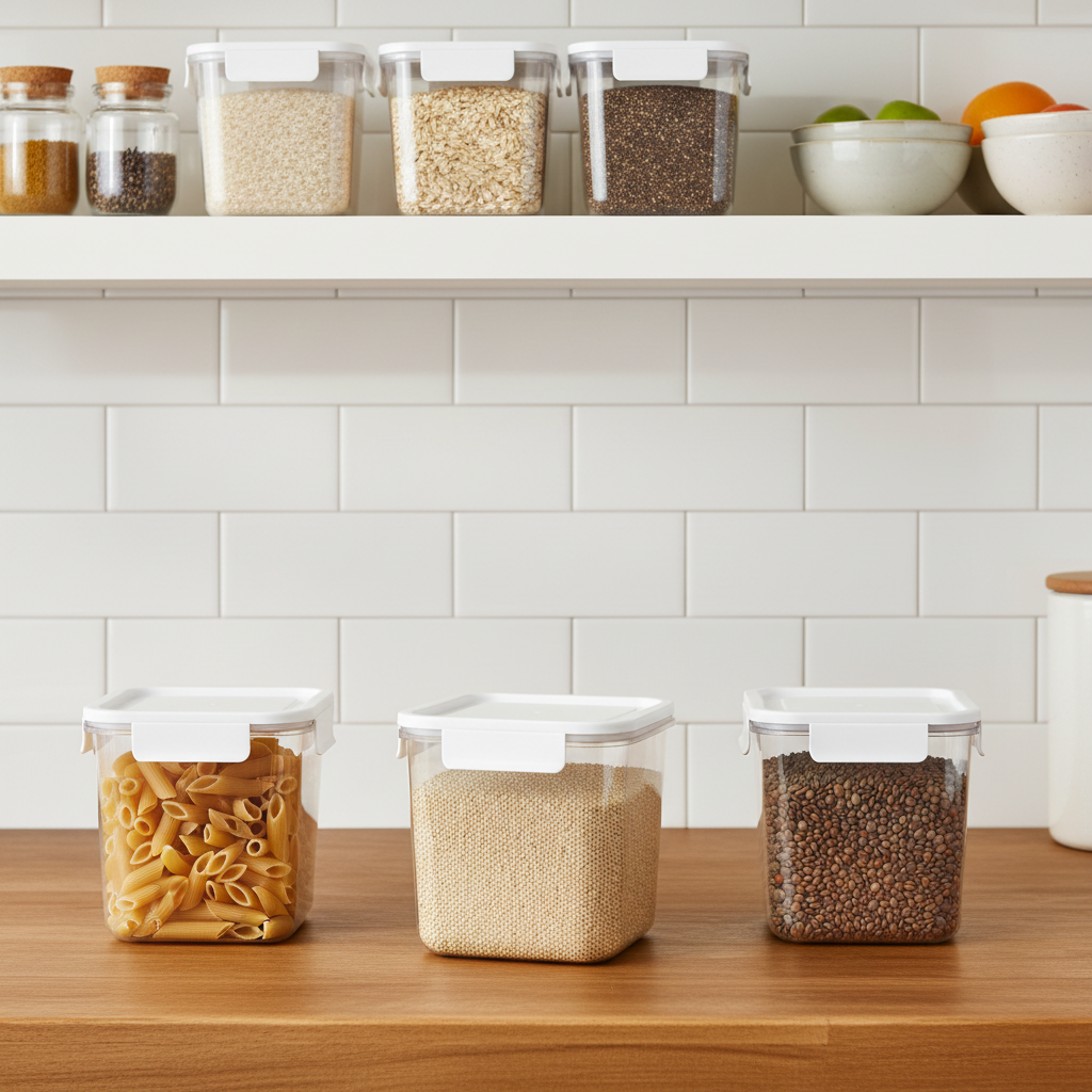 Clear plastic food storage containers arranged on a kitchen countertop and pantry shelf