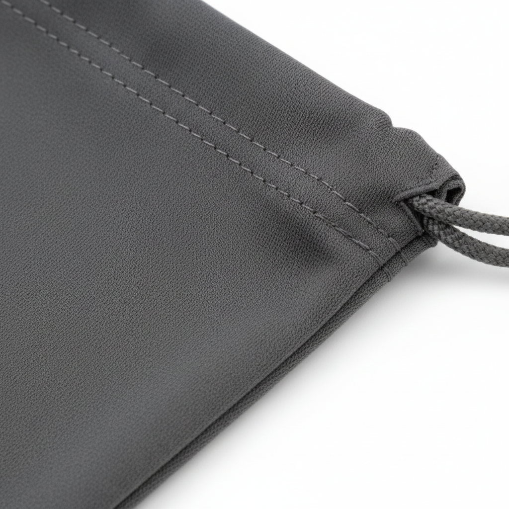 Macro detail of ultra-fine soft microfiber fabric texture and neat drawstring seam stitching