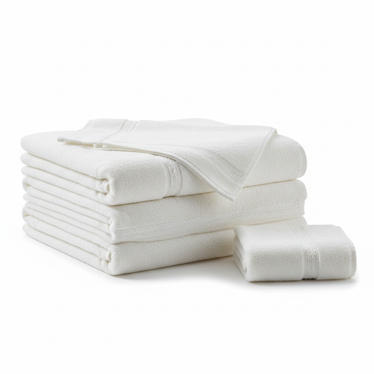 Large white cotton terry hotel bath sheet folded in generous thick rectangular stack showing oversized 90x160cm dimensions with corner revealing dense terry loop pile and jacquard dobby border weave on white background, premium hospitality oversized bath linen