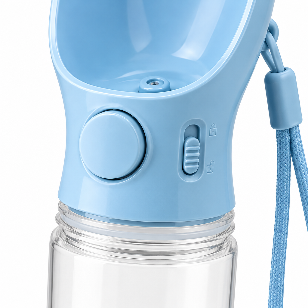 Close-up detail of one-touch dispensing button and sliding leak-proof lock switch on portable dog water bottle
