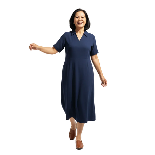 Front view of collared V-neck short sleeve midi dress on white background