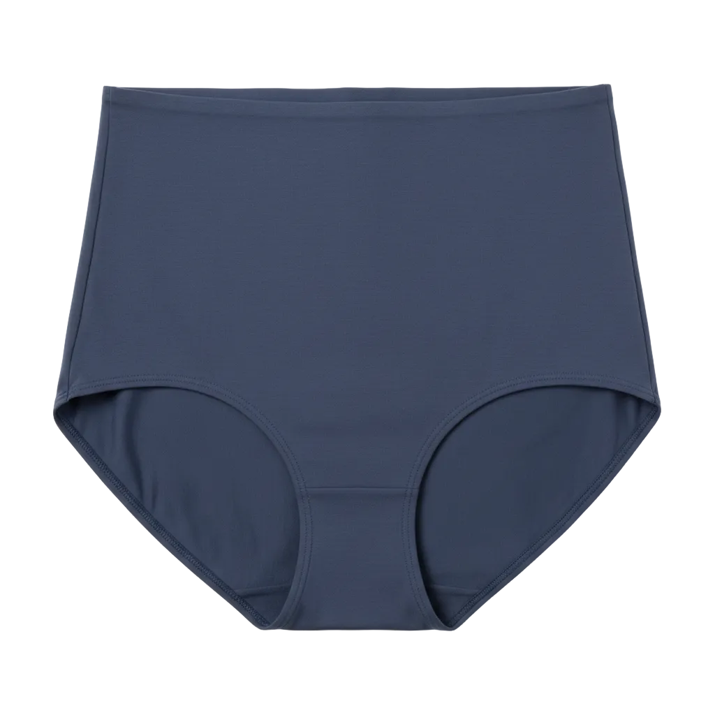 Front view of high waist light shaping stretch briefs in dark navy blue on white background