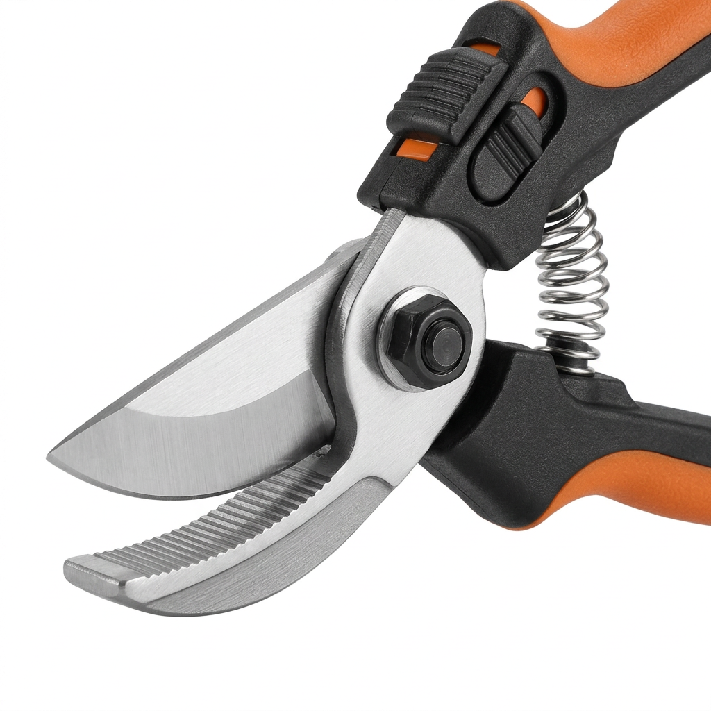 Macro close-up detail of anvil pruning shears cutting blade meeting the ribbed flat metal anvil plate, pivot bolt, and spring on pure white background
