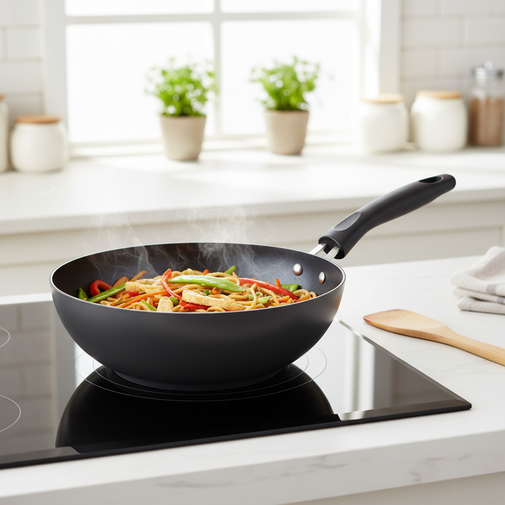 Non-stick wok stir-frying noodles and colorful vegetables on a modern kitchen cooktop.