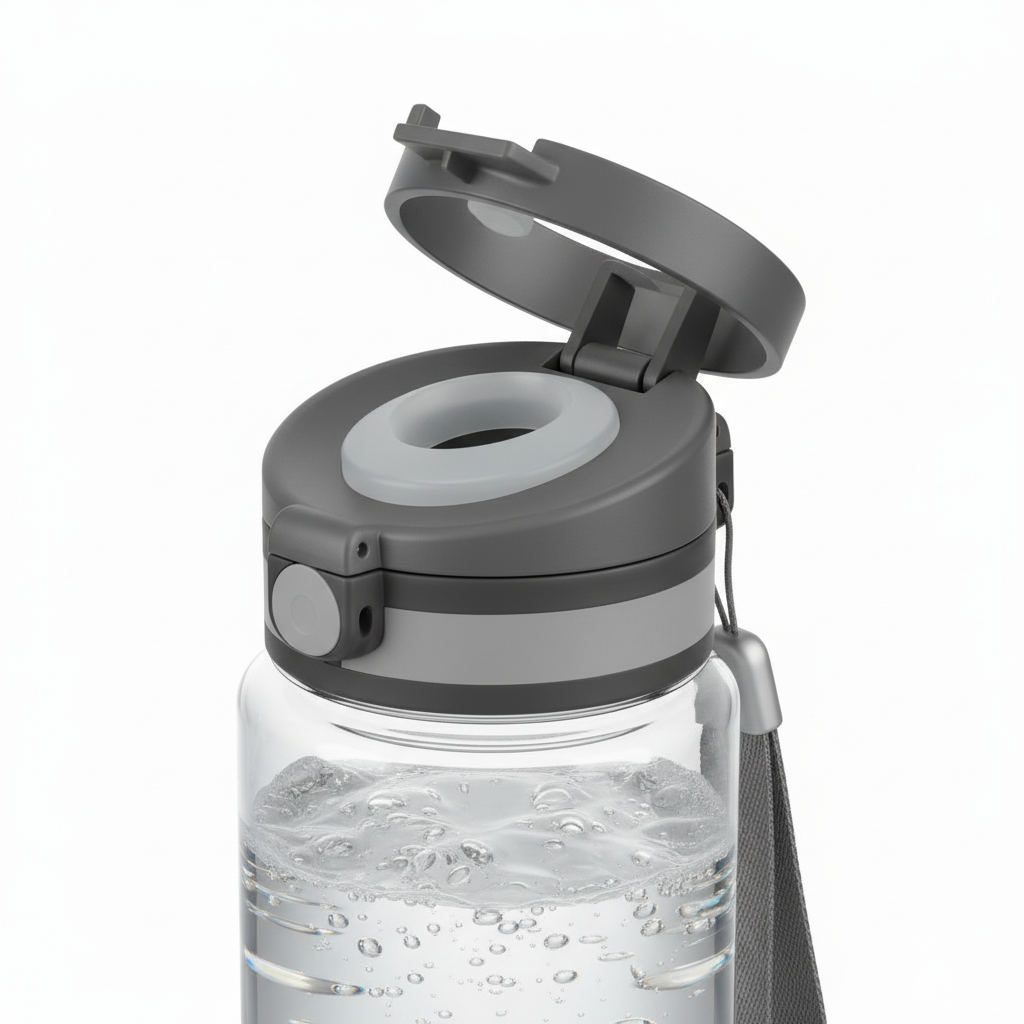 Close-up of flip-top lid, drinking spout, and silicone seal on pure white background