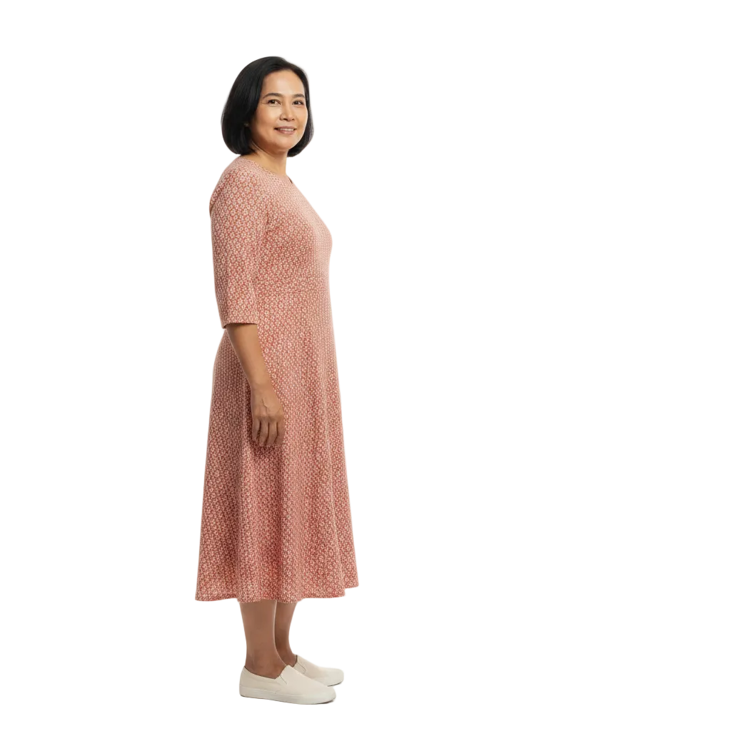 Side profile view of three-quarter sleeve printed A-line midi dress on white background