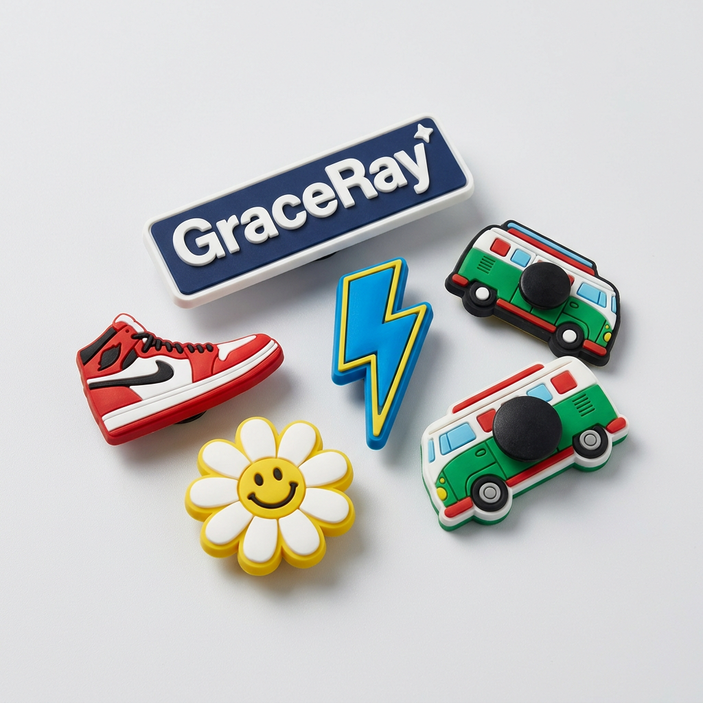 Custom shoe charms in different shapes and colors for branded footwear accessories.