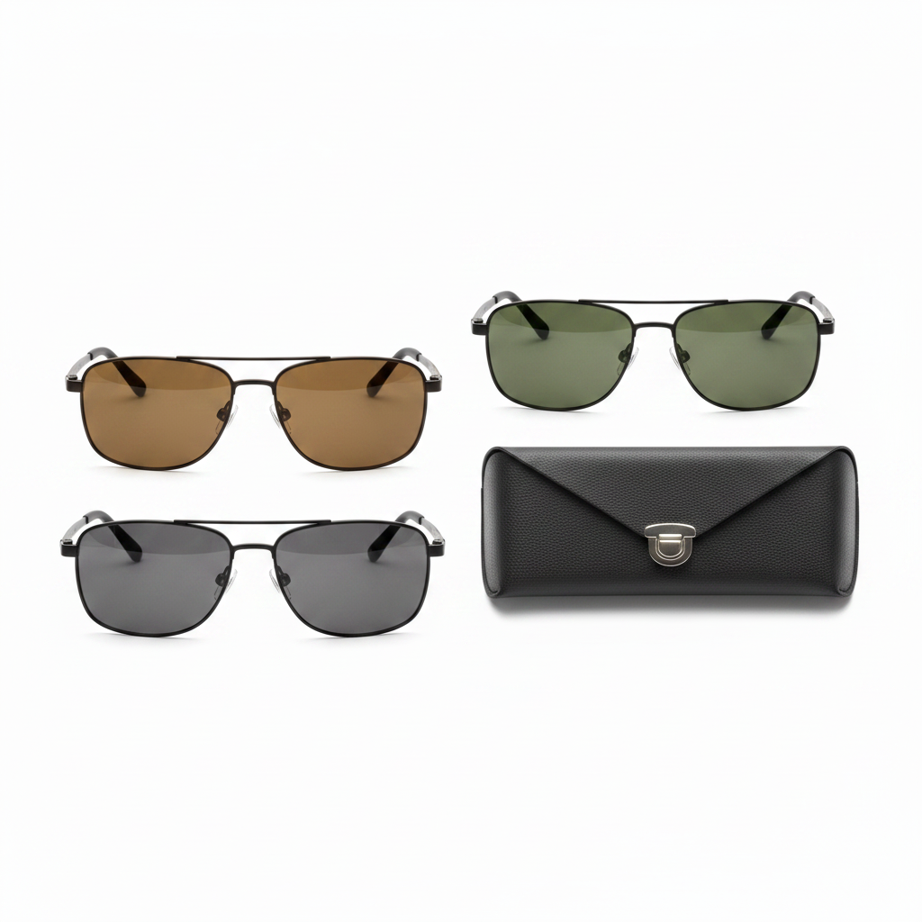 Assorted polarized lens colors of anti-glare driving glasses with case on white background