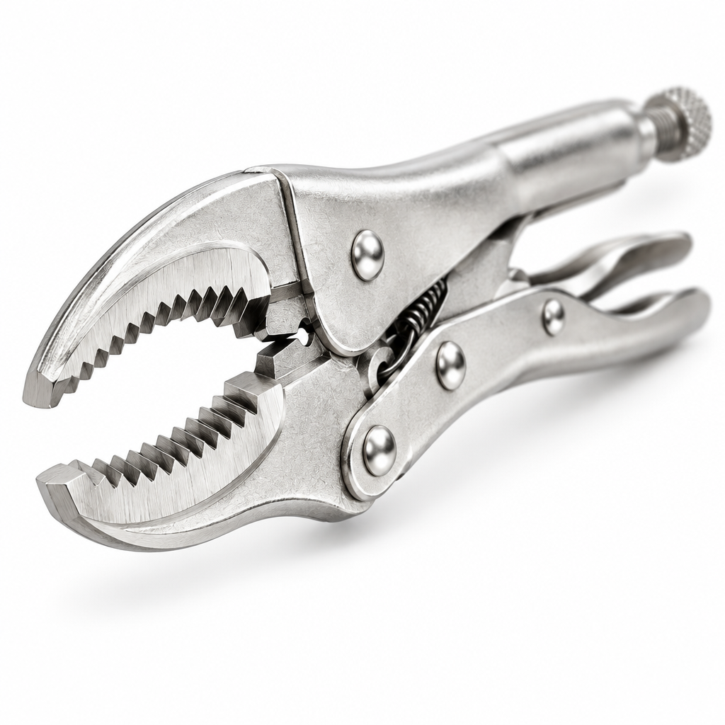Close-up macro view of open curved serrated jaws, induction-hardened gripping teeth, and wire cutter on a pure white background