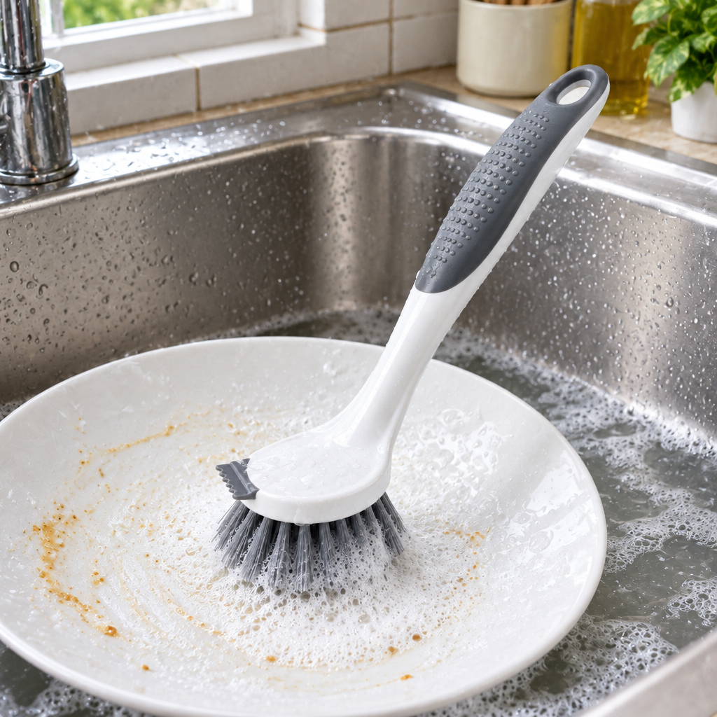 Dish scrub brush cleaning an ordinary ceramic dining plate at a kitchen sink in the Philippines