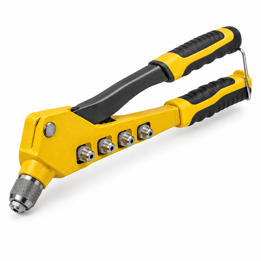 10-inch manual hand rivet gun with industrial yellow aluminum body, carbon steel handle, 4 interchangeable nosepieces, and yellow-black TPR grips on a seamless pure white background