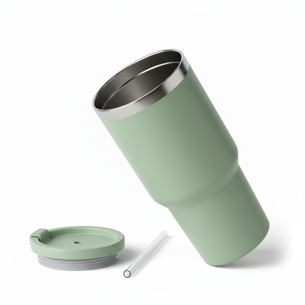 Open sage green water cup with straw lid and straw resting beside on pure white background