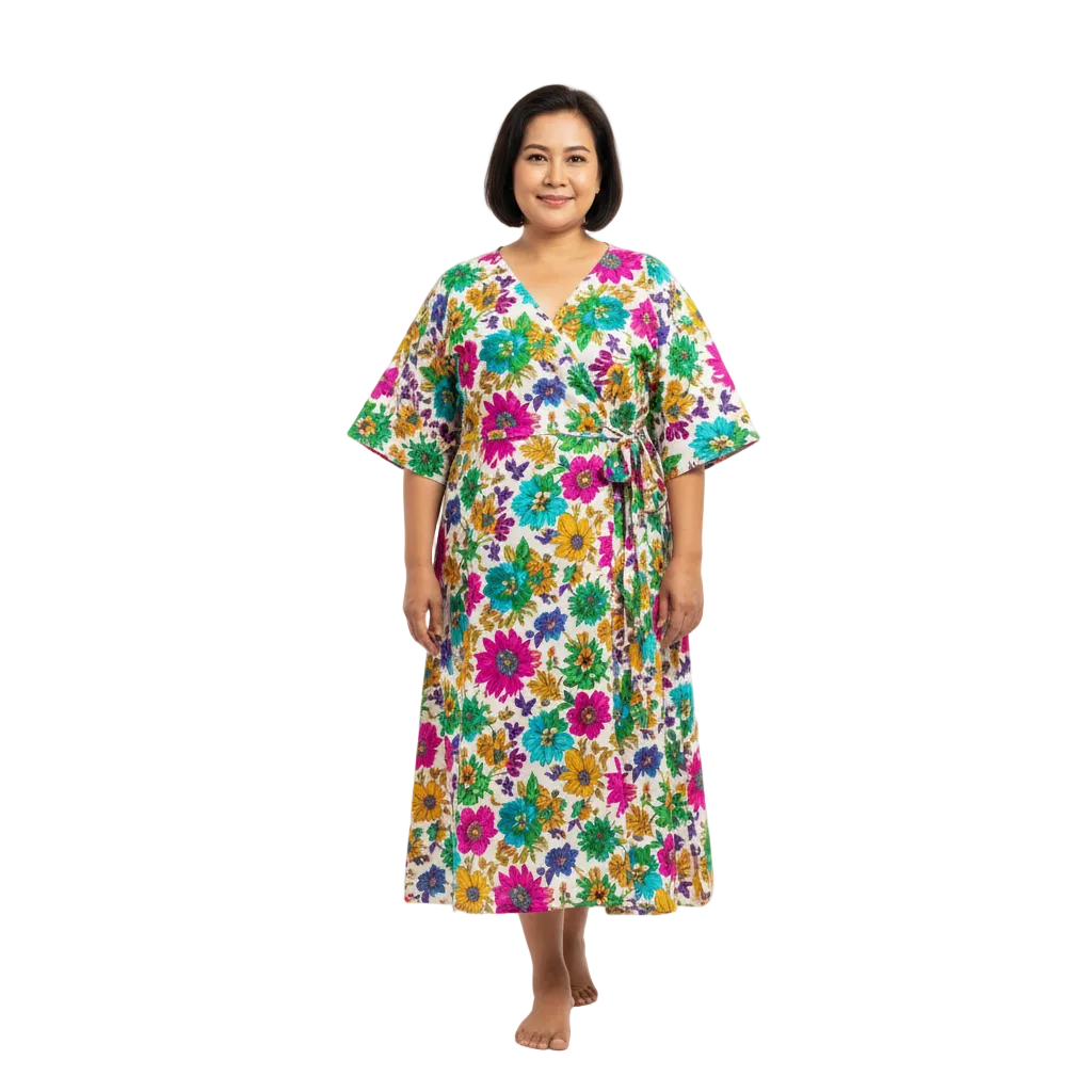 Thai middle-aged woman plus size floral wrap cotton dress