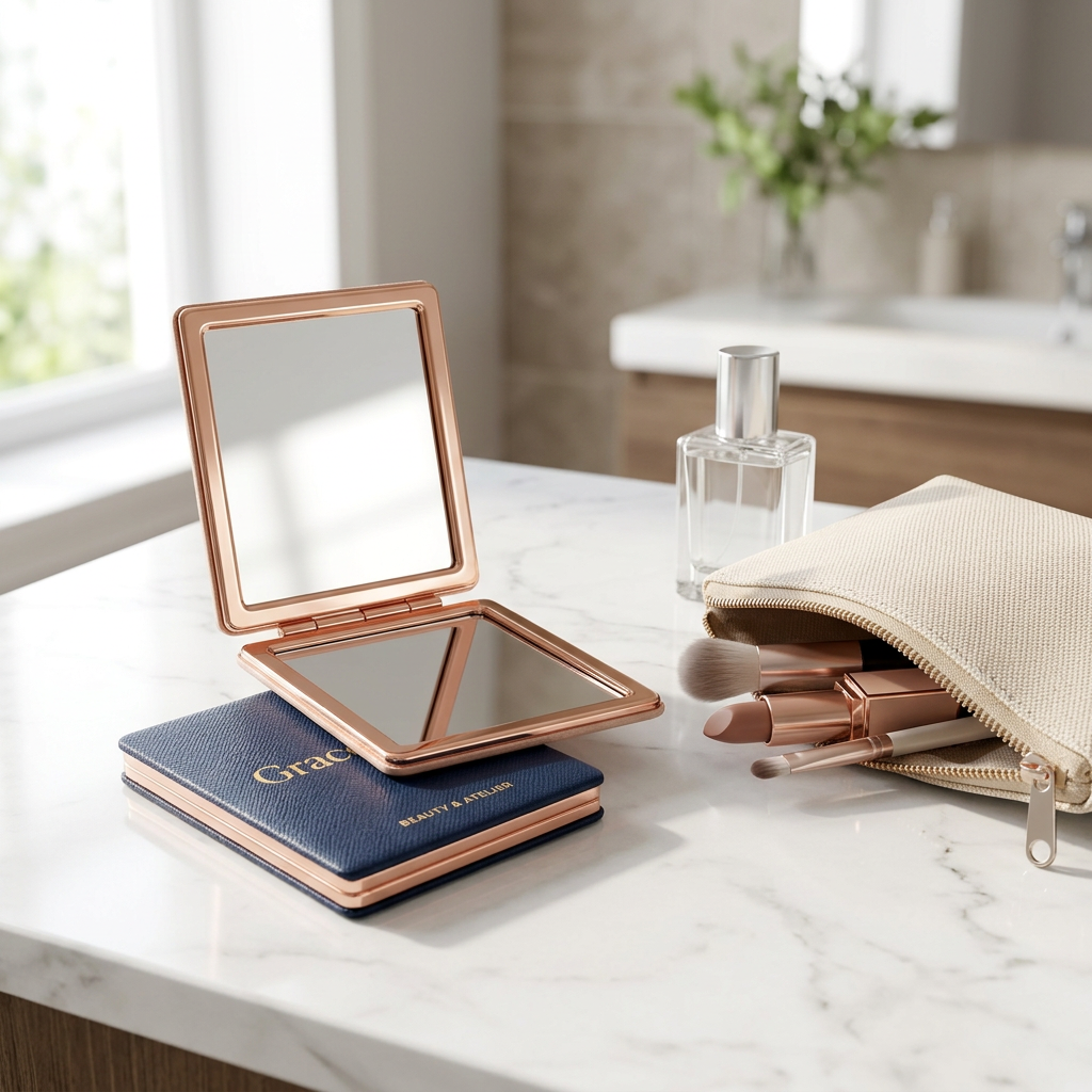 Mini folding travel mirrors displayed beside a cosmetic pouch on a marble vanity counter