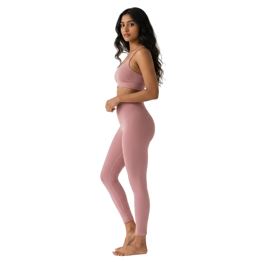 Indian model wearing dusty rose scrunch butt yoga leggings side view