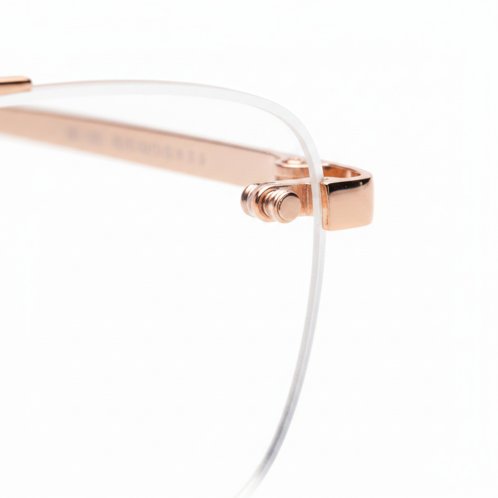 Macro detail of beveled rimless lens edge and dual-screw mounting bracket