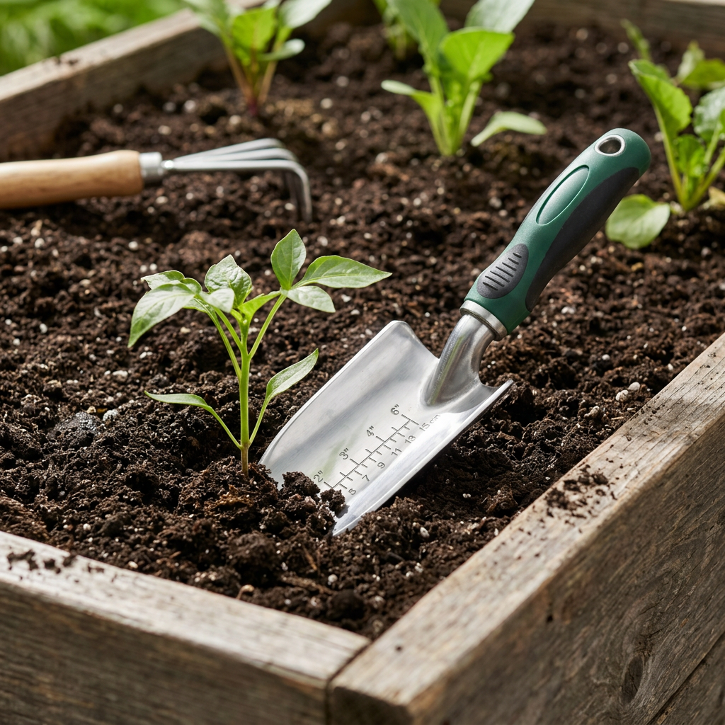 Garden hand trowel resting in dark rich garden soil next to a healthy small green seedling in a raised planting bed
