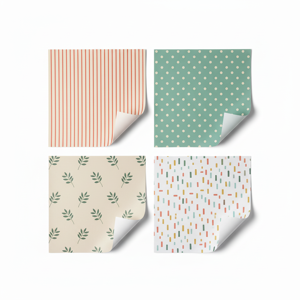 Four flat wrapping paper samples arranged in a grid, showing stripe, dot, botanical leaf and geometric confetti prints with curled corners.