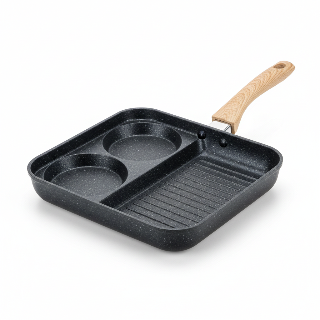 3-in-1 divided non-stick breakfast frying pan with wood-grain handle on pure white background