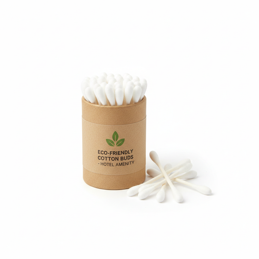Hotel cotton buds with paper shaft in round kraft paper tube container partially open with cotton buds displayed beside it on white background, eco-friendly guest bathroom amenity