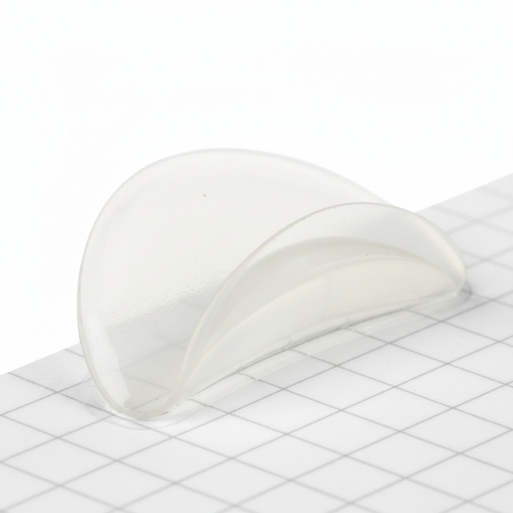 Macro detail of clear silicone nose pad peeling off liner showing adhesive backing layer