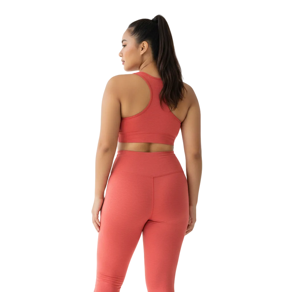 Filipino model wearing coral red ultra high waist leggings back view
