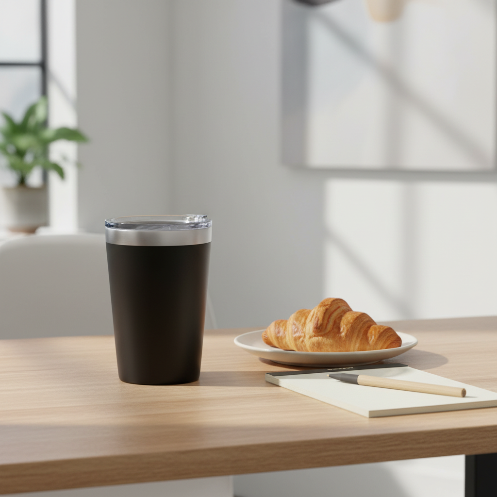 Stainless steel coffee tumbler on office desk next to croissant and notepad