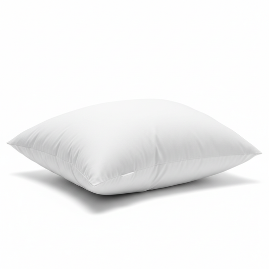 Fluffy soft white hotel microfiber pillow with smooth polyester-cotton cover and corner gently pressed showing compressible soft filling on white background, down-like commercial hospitality guestroom pillow