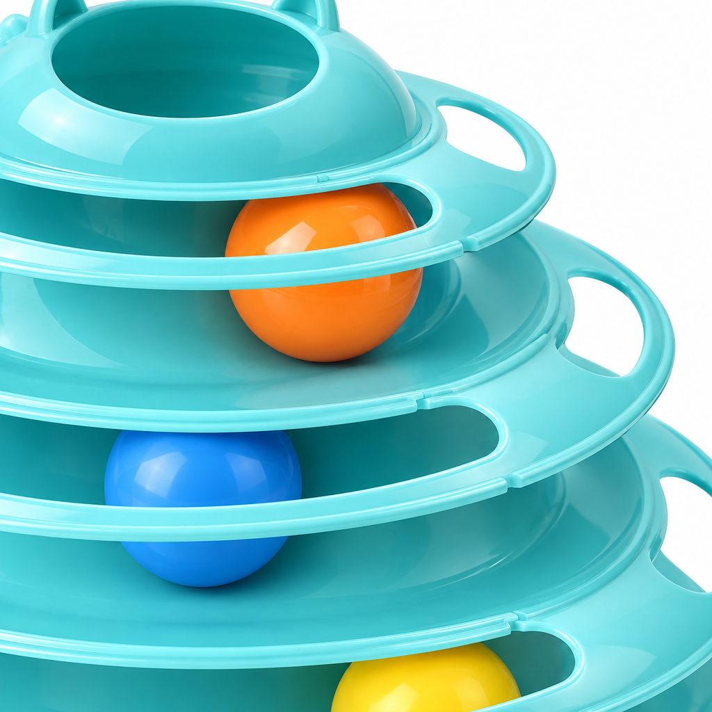 Macro close-up detail of circular plastic track guide, retaining lip, and spinning captive ball on cat tower