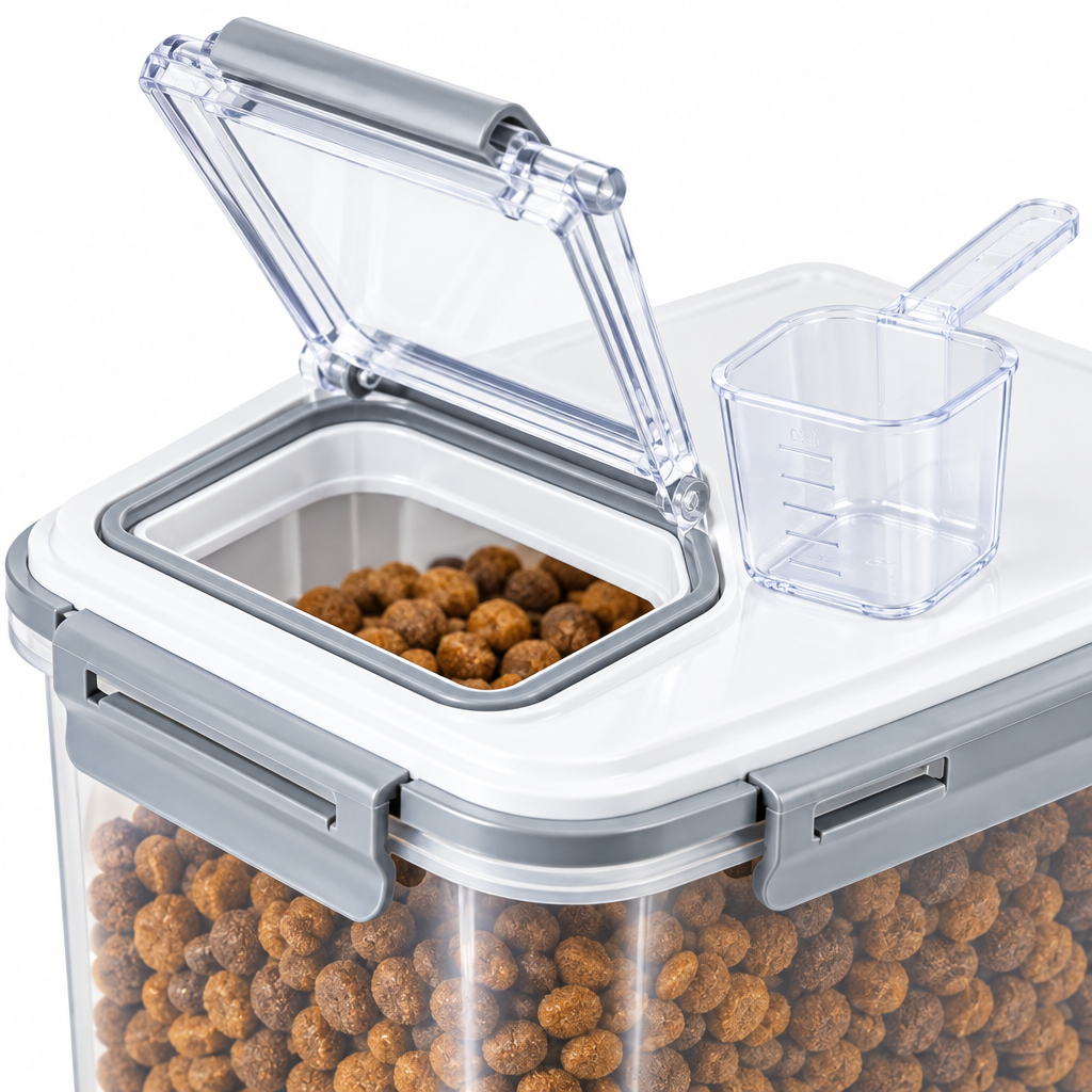 Close-up detail of pet food storage container lid showing flip-top dispensing hatch, locking latches, and measuring scoop