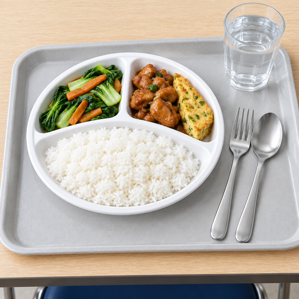 Divided white melamine plate with food served on an institutional cafeteria dining tray with utensils and a glass of water
