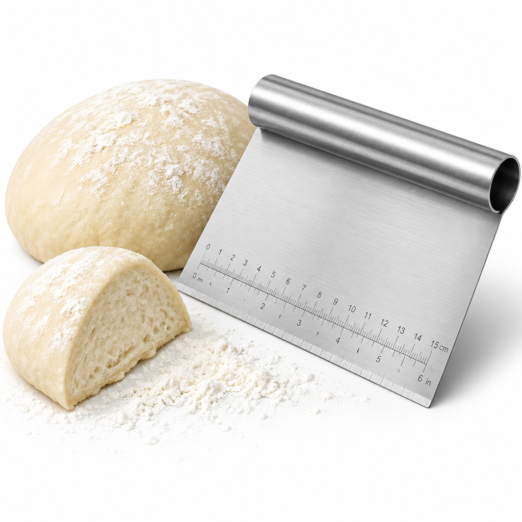 Stainless steel kitchen bench scraper with measurement markings beside fresh bread dough and flour on pure white background
