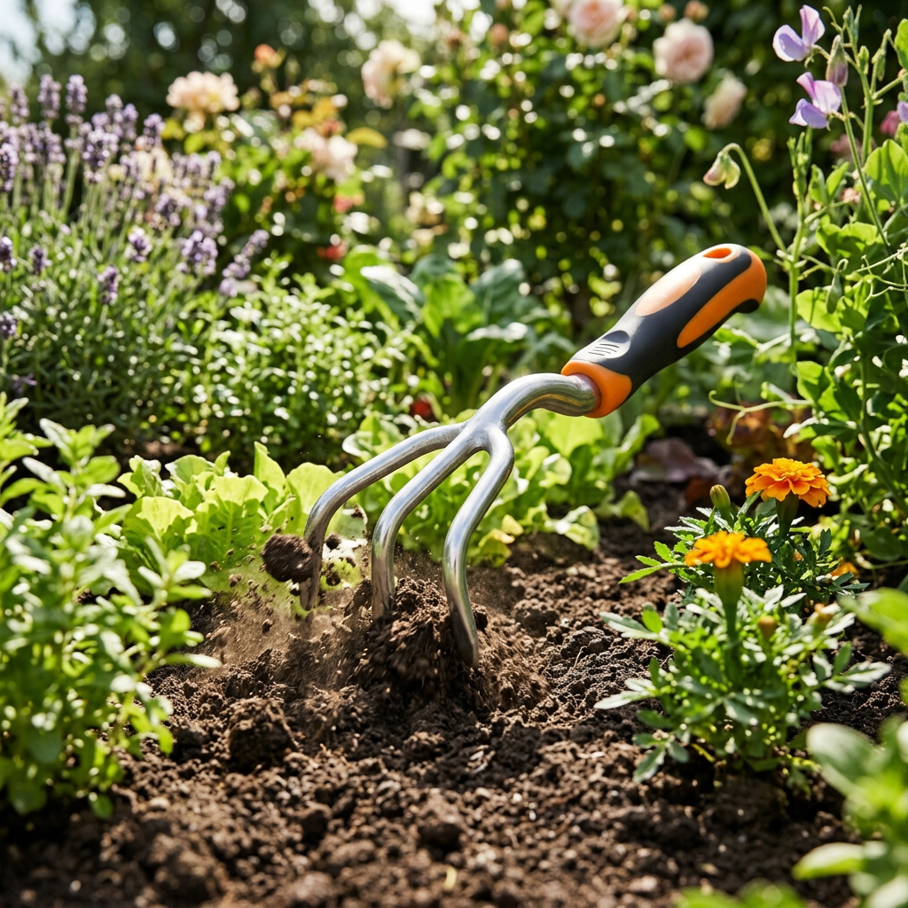 Garden hand cultivator loosening surface soil and breaking clumps between flowers and plants in garden planting bed