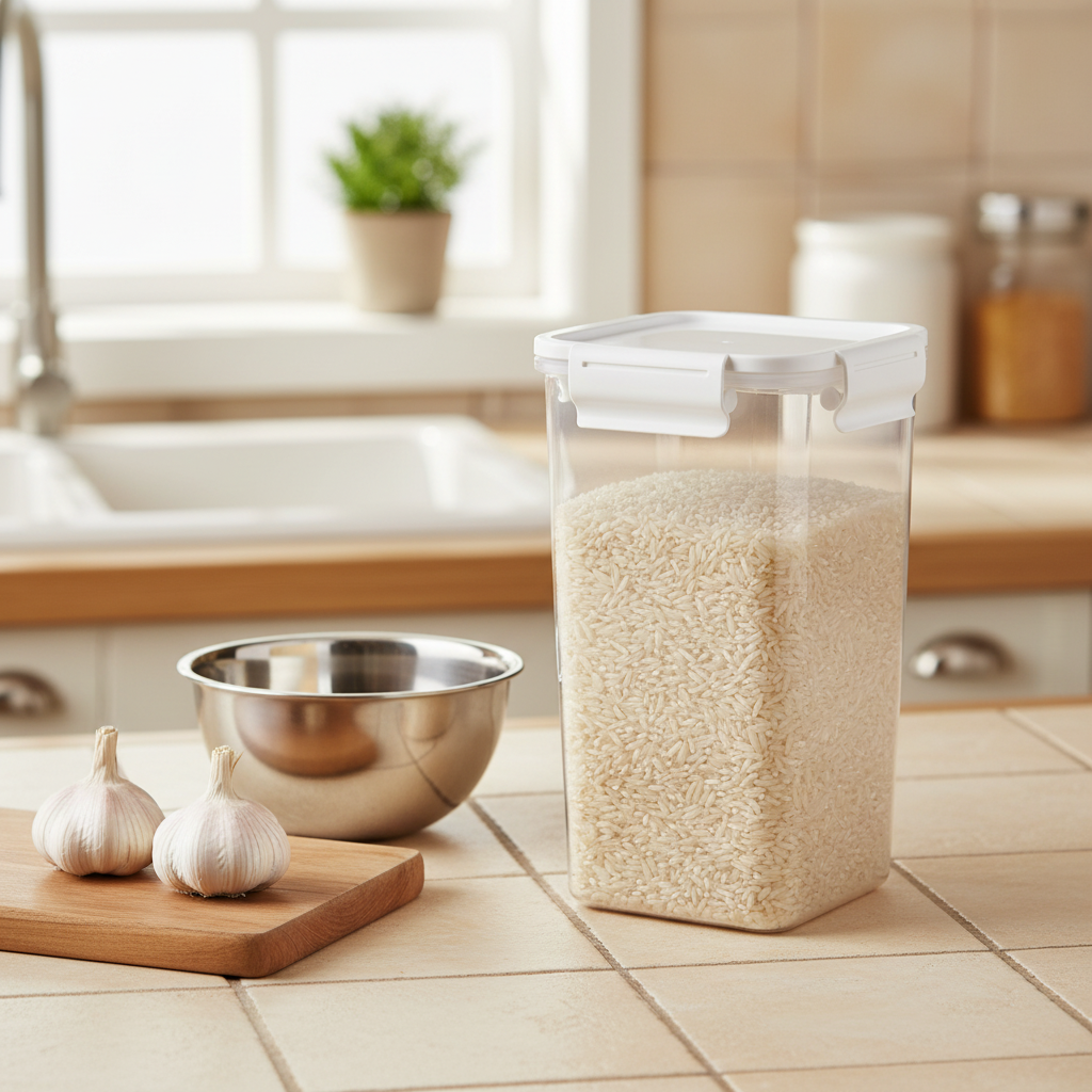 Airtight food storage container filled with rice on an everyday kitchen countertop