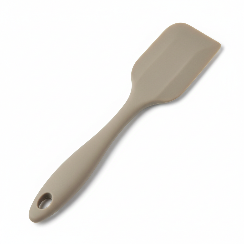 Seamless food-grade silicone spatula with stainless steel core on pure white background
