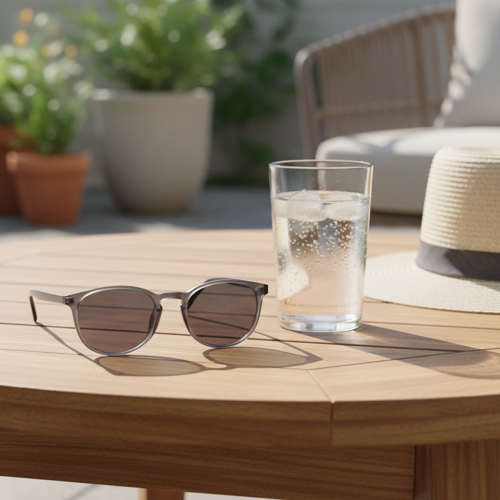 Photochromic blue light glasses darkened to sunglasses on sunny patio table